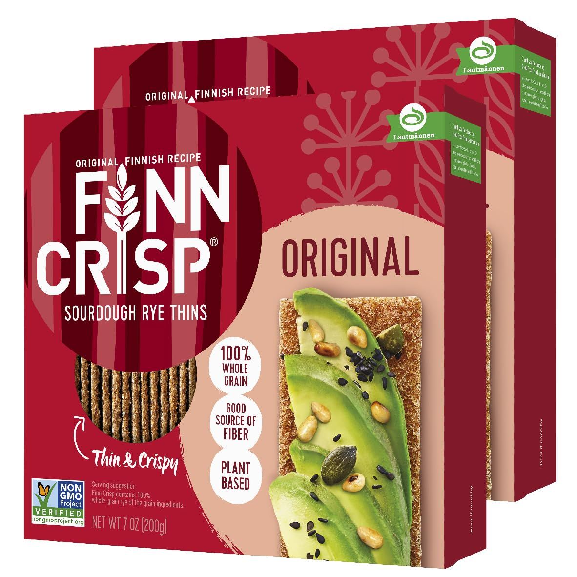 Finn Crisps Original Rye Crispbread 7oz | Thin, Crispy Rye Flatbread Crackers | Multipack of Authentic Finnish Sourdough Crispbread | Whole Grain Rye Crackers 2 Boxes x 7oz