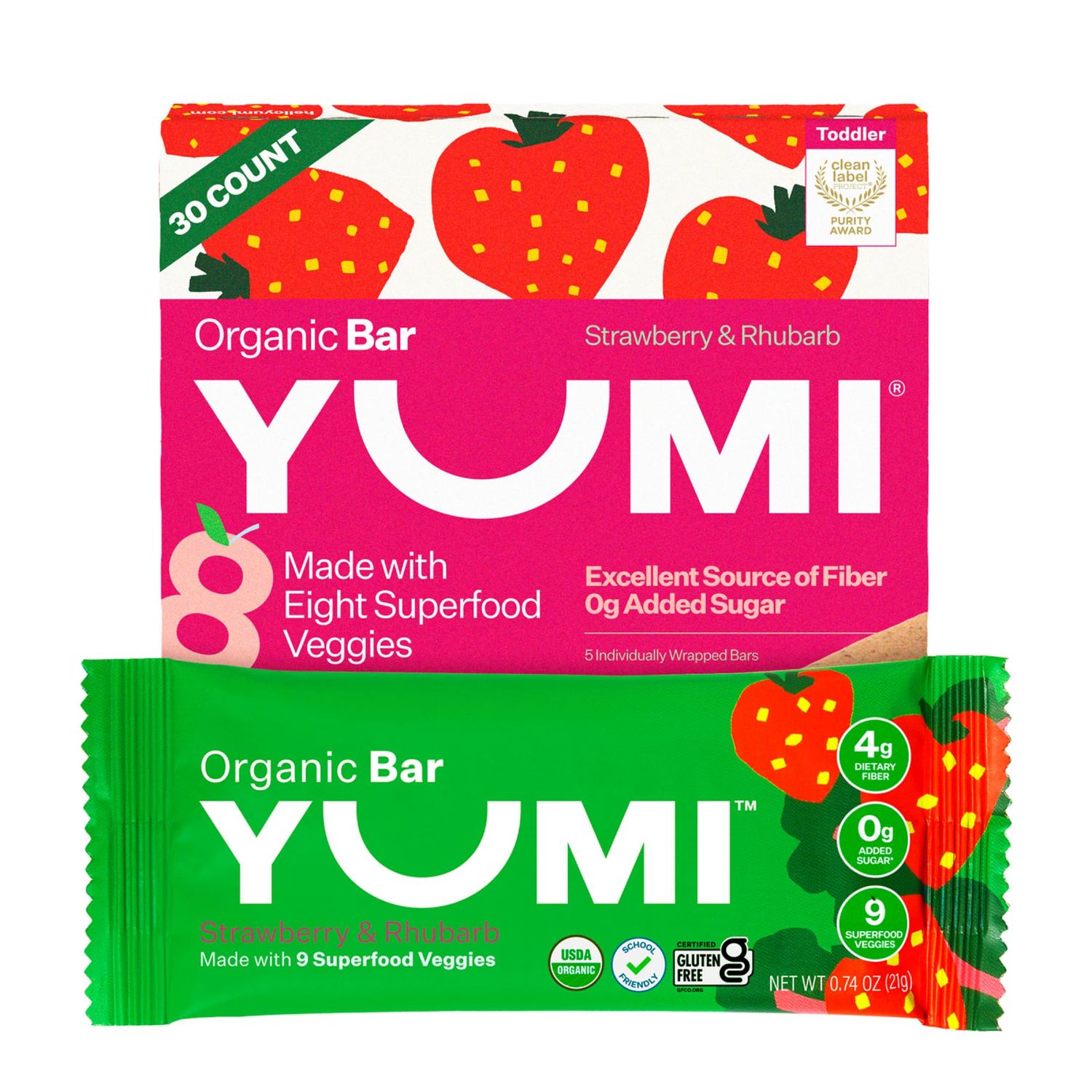 Yumi Organic Toddler Snack Bars (30 Count), Gluten-Free, No Added Sugar, 7 Vegetables, Soft-Baked Crust, Healthy Snack Bars for Kids, School Safe for Kids Lunch Boxes (30, Strawberry &amp; Rhubarb)