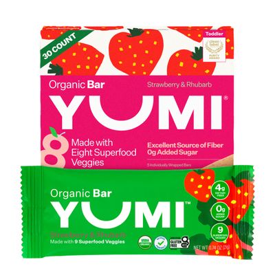 Yumi Organic Toddler Snack Bars (30 Count), Gluten-Free, No Added Sugar, 7 Vegetables, Soft-Baked Crust, Healthy Snack Bars for Kids, School Safe for Kids Lunch Boxes (30, Strawberry &amp; Rhubarb)