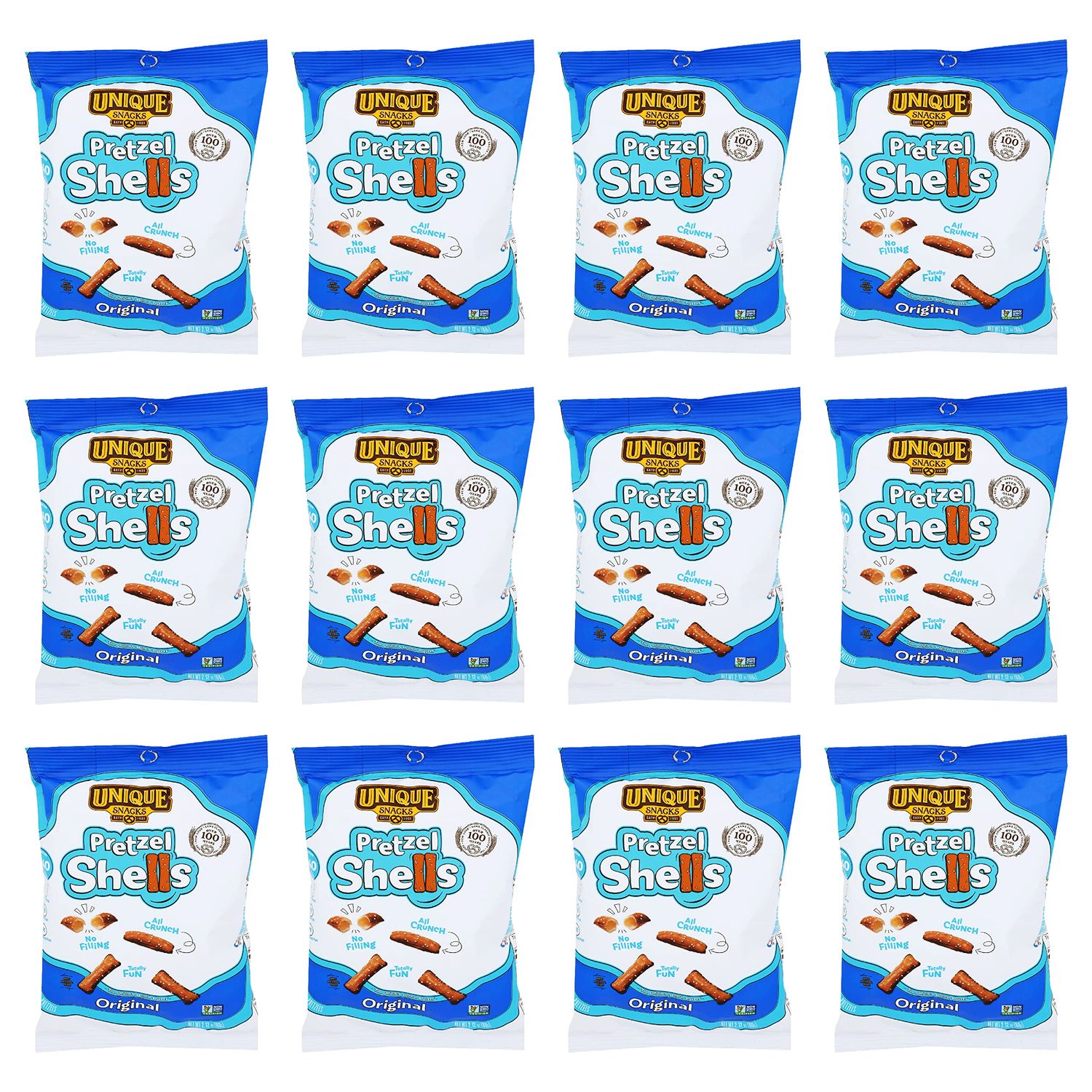 Unique Snacks Original Pretzel Shells, Delicious Homestyle Baked Snack Bag, Vegan, OU Kosher, and Non-GMO Food, No Artificial Flavor, 2.12 Oz. Bag, Pack of 12