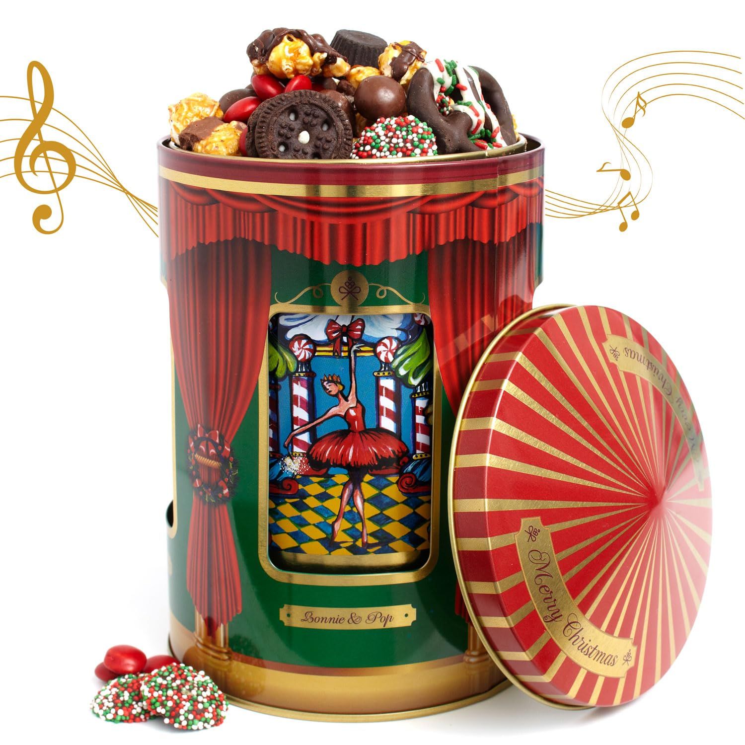 Christmas Gift Basket- Gourmet Food Gifts - Plays Music - Holiday Chocolate and Candy, Sweets and Snacks- Nutcracker Suite- Bonnie and Pop