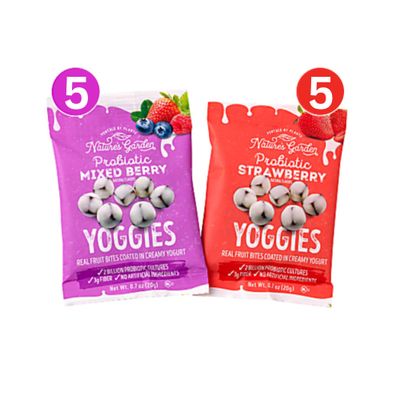 Probiotic Yoggies - 10 Pack (5 Strawberry &amp; 5 Mixed Berry) - Delicious Gut Health Probiotic Snacks, Low-Calorie, Gluten-Free, Real Fruit Treats for Digestive Wellness
