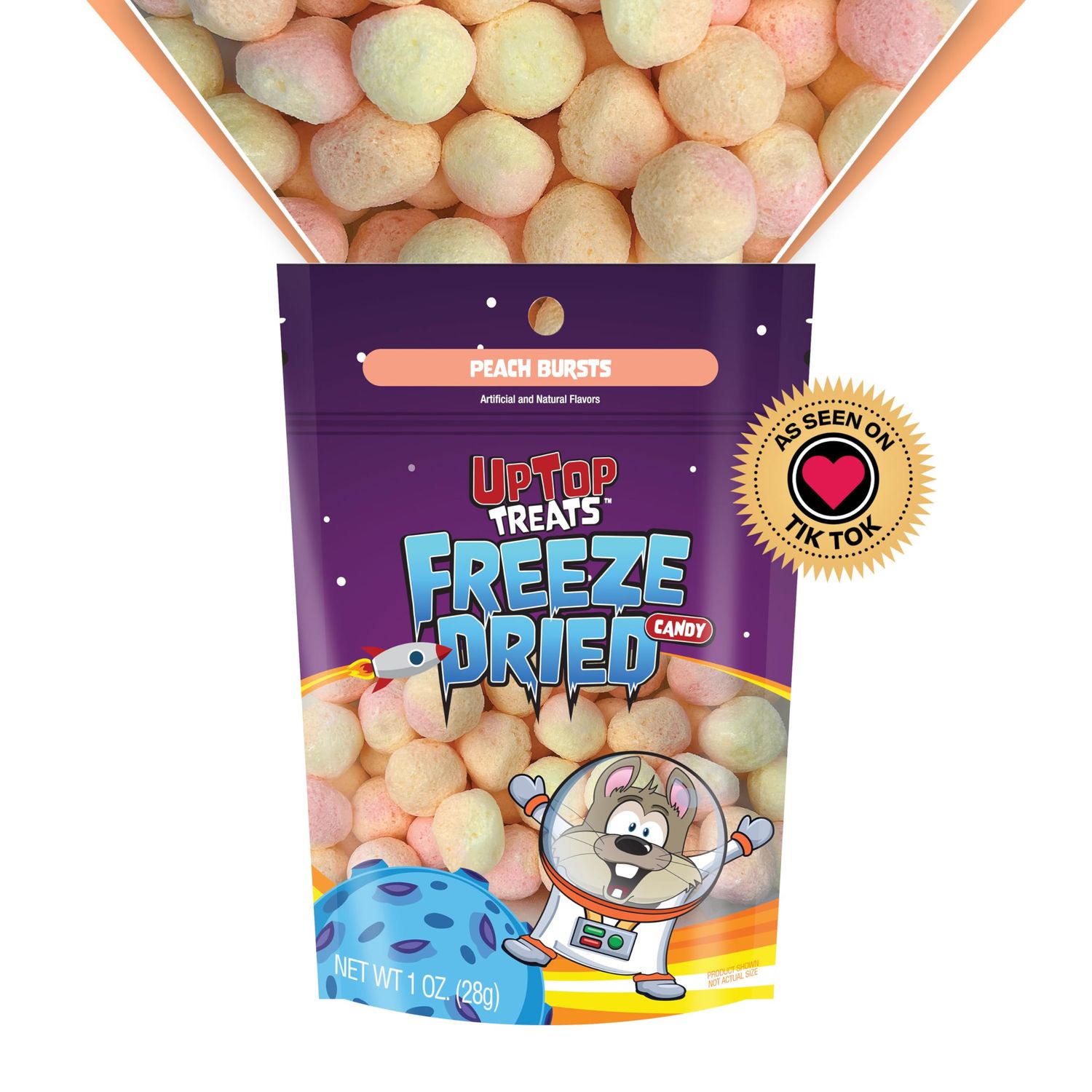 UpTop Treats Freeze Dried Candy, Sweet Peach Bursts, Sweet Freeze Dried Candy, Peach Candy Puff Balls for ASMR, Snacks for Kids &amp; Adults, Made in the USA, Small Bag for On The Go, 1 oz