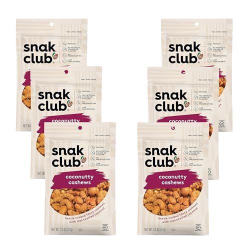 Snak Club Coconutty Cashews, Kettle Cooked Fancy Cashews with Toasted Coconut, Gluten-Free and Kosher Snack, 2.5 oz Snack Bags, 6 Pack