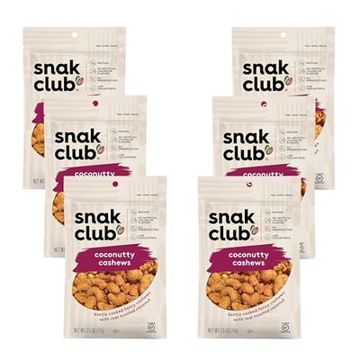 Snak Club Coconutty Cashews, Kettle Cooked Fancy Cashews with Toasted Coconut, Gluten-Free and Kosher Snack, 2.5 oz Snack Bags, 6 Pack