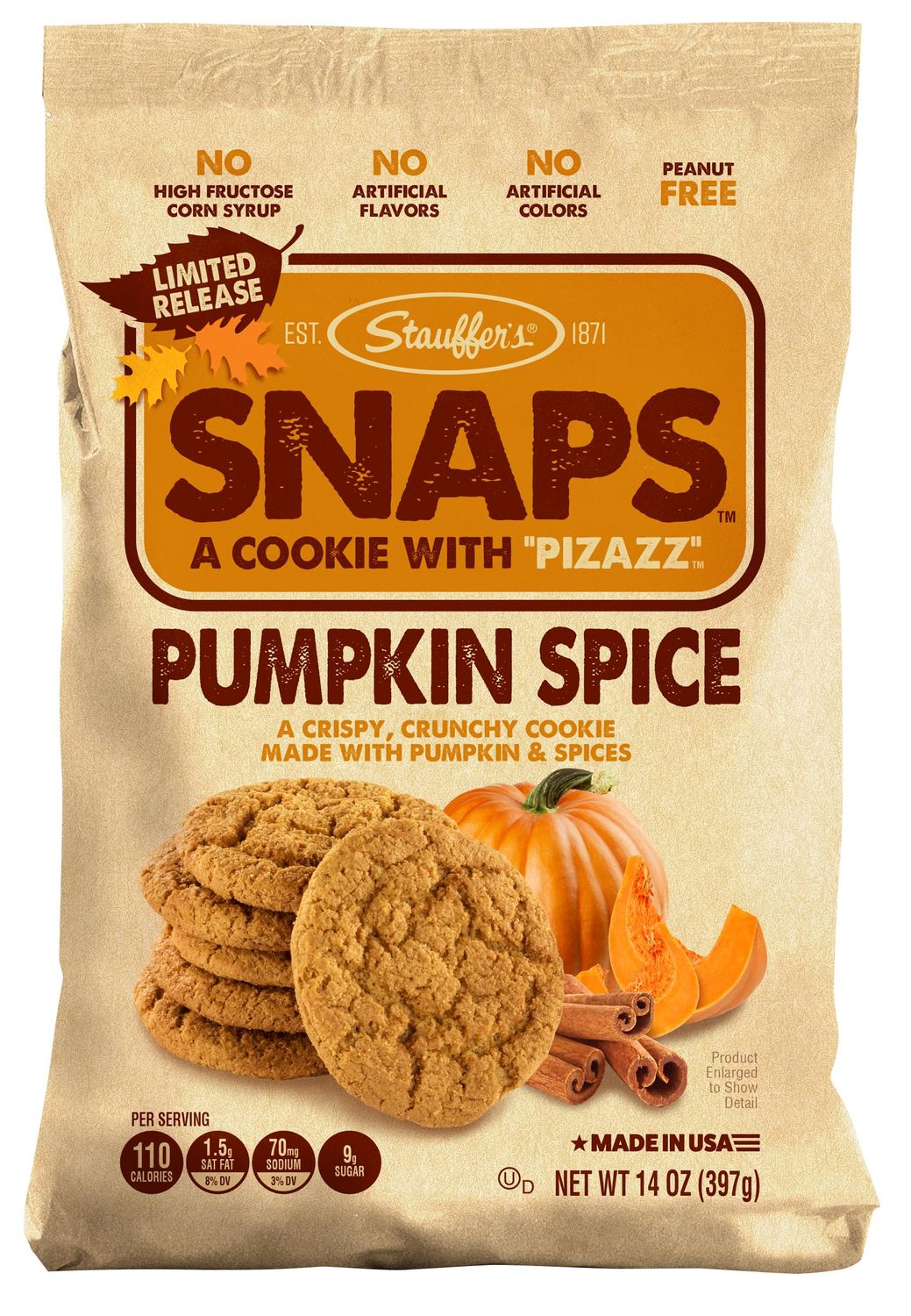 STAUFFERS Pumpkin Spice SNAPS Cookies - 14oz Bag - Pumpkin Spice Flavored Cookies with No High Fructose Corn Syrup, Artificial Flavors or Colors