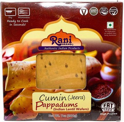 Rani Pappadums (Indian Lentil Wafer Snack) Jeera (Cumin) Papad 7oz (200g) Approximately 15pc, 7 inches  All Natural | Gluten Friendly | NON-GMO | Vegan | Indian Origin