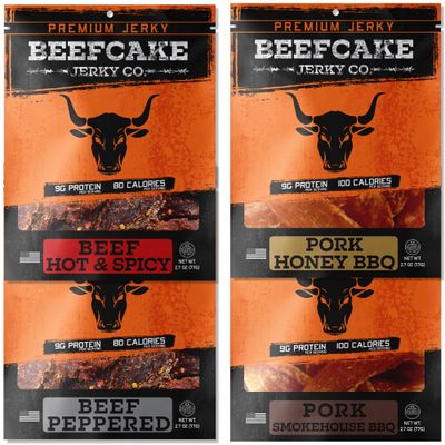 BEEFCAKE Jerky Mixed Favorites, Pork &amp; Beef Jerkey Variety Pack Premium Snacks, 9 Gram of Protein &amp; 100 Calories 2.7 Oz | Pack of 4