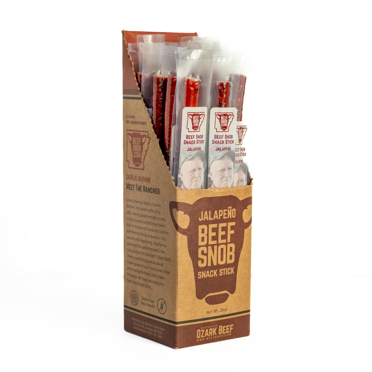 Beef Snob Snack Sticks - Jalapeno Flavor - 1 Ounce Snack - 20 Meat Sticks Per Box - High Protein, Sugar Free, Keto Friendly, Gluten Free Jerky Sticks - Workout Recovery - Pantry Staple