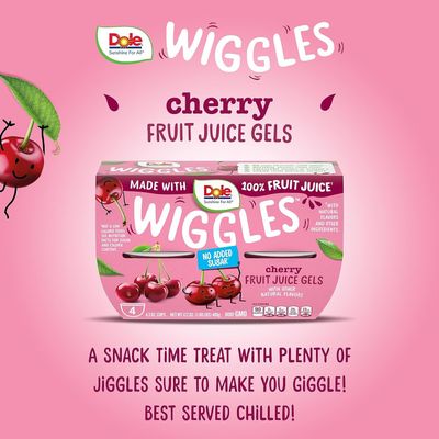 Dole Wiggles No Sugar Added Cherry Fruit Juice Gels Snacks, 4.3oz 4 Total Cups, Gluten &amp; Dairy Free, Bulk Lunch Snacks for Kids &amp; Adults
