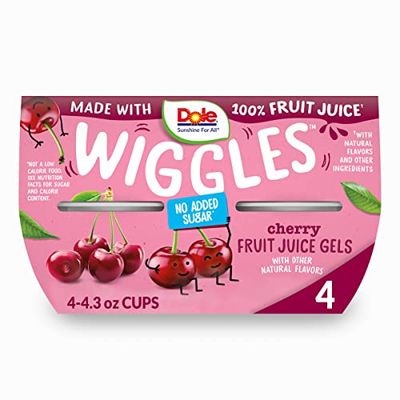 Dole Wiggles No Sugar Added Cherry Fruit Juice Gels Snacks, 4.3oz 4 Total Cups, Gluten &amp; Dairy Free, Bulk Lunch Snacks for Kids &amp; Adults