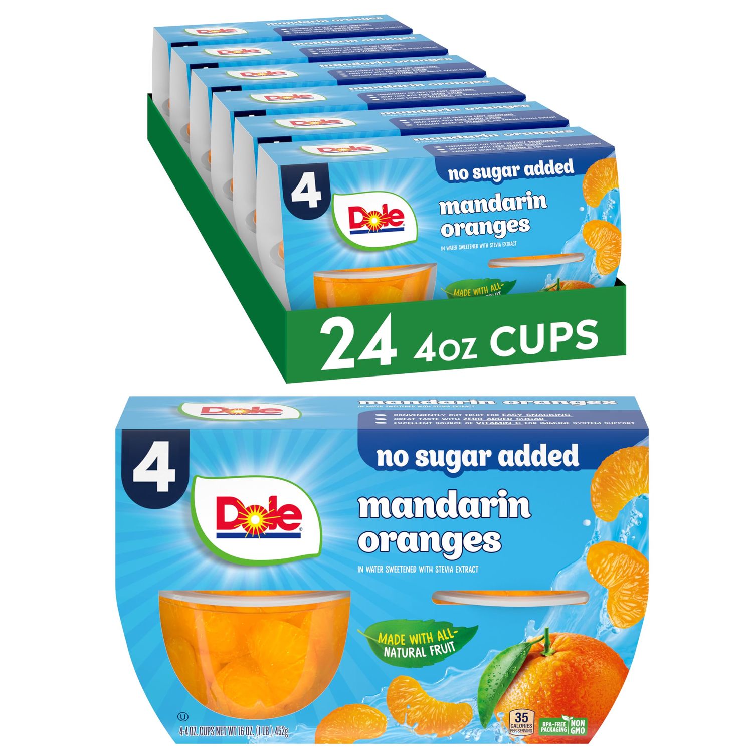 Dole Fruit Bowls No Sugar Added Snacks, Mandarin Oranges, 4oz 24 Cups, Gluten &amp; Dairy Free, Bulk Lunch Snacks for Kids &amp; Adults