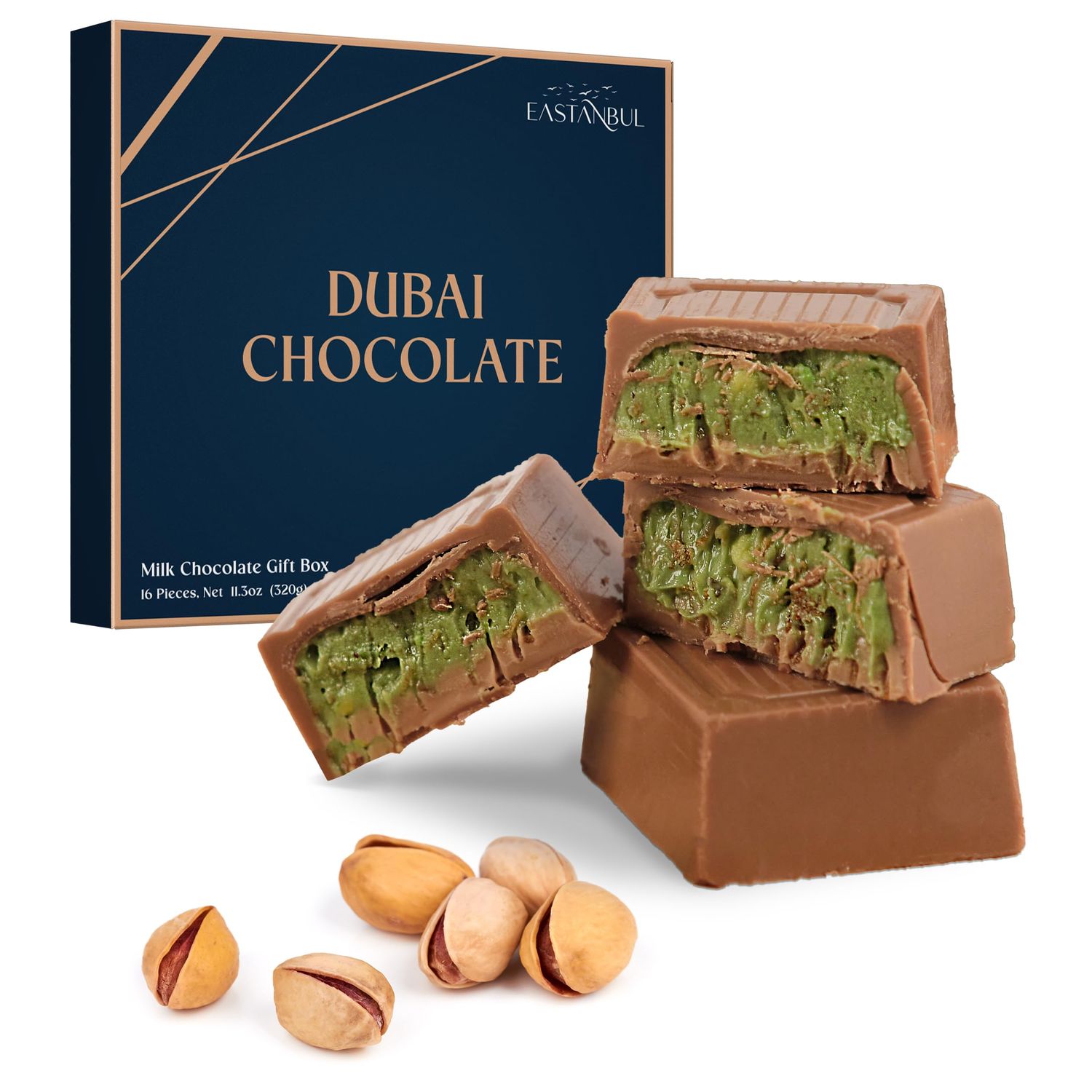Eastanbul Dubai Chocolate Bar Pistachio, 11.3oz, Premium Pistachio Dubai Chocolate Bar, 16 Pieces Dubai Chocolate Bites with Shredded Phyllo Dough, Dubai Knafeh Pistachio Chocolate Bar