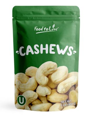 Food to Live Raw Cashews, 1 Pound - Non-GMO Verified, Deluxe Whole Nuts, Unsalted, Unroasted, Size W-320, Vegan, Kosher, Bulk