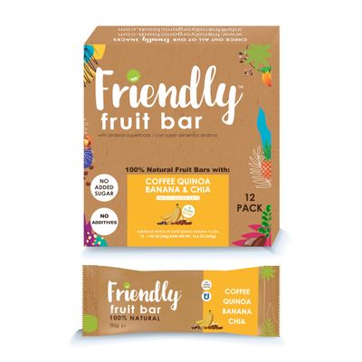 Friendly Fruit Bar | Banana, coffee, quinoa and chia | (12 pack),1.05 ounces | Healthy Natural Snack, Energetic, Plant Based, Non - GMO, Vegan, No Added Sugar, Kosher, Gluten Free.