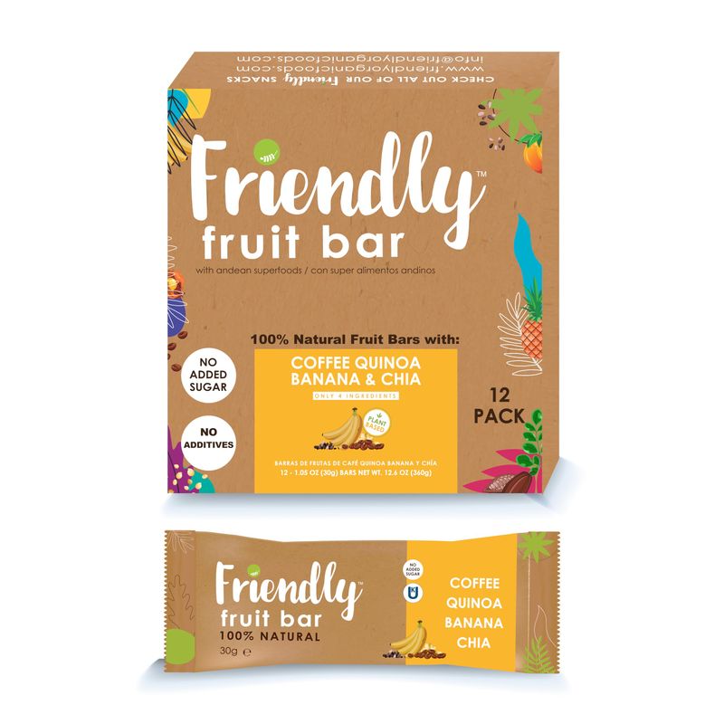 Friendly Fruit Bar | Banana, coffee, quinoa and chia | (12 pack),1.05 ounces | Healthy Natural Snack, Energetic, Plant Based, Non - GMO, Vegan, No Added Sugar, Kosher, Gluten Free.