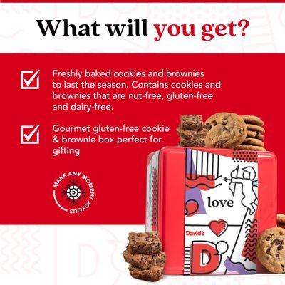 Davids Cookies Gluten-Free Assorted Cookies And Brownies 2Lbs - Comes In A Beautiful Love-Themed Tin Gift Box - Delicious Gourmet Food Gift For Loved Ones, Friends And Family This Valentine's Day