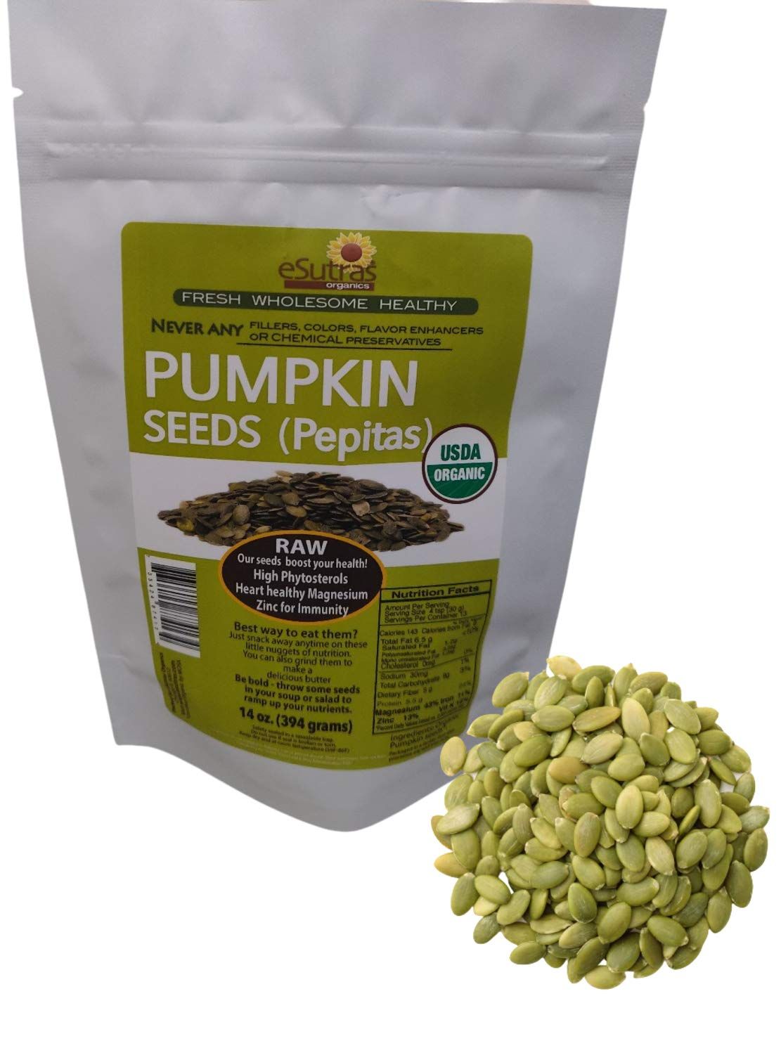 eSutras Organics Pumpkin Seeds Organic Fresh Pure Shelled Raw Pumpkin Pepita Gluten Free High Protein Snacks, 14 Ounce