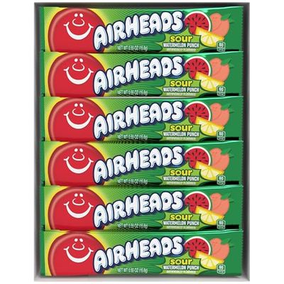 Airheads Sour Full-Size Candy Bars, Taffy Candy, Sour Watermelon Punch, Individually Wrapped Candy, 36 Count