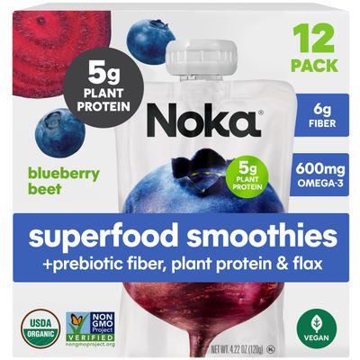 Noka Superfood Fruit Smoothie Pouches, Blueberry Beet, Healthy Snacks with Flax Seed, Prebiotic Fiber and Plant Protein, Vegan and Gluten Free, Organic Fruit &amp; Veggie Squeeze Pouch, 4.22 oz, 12 Count