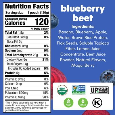 Noka Superfood Fruit Smoothie Pouches, Blueberry Beet, Healthy Snacks with Flax Seed, Prebiotic Fiber and Plant Protein, Vegan and Gluten Free, Organic Fruit & Veggie Squeeze Pouch, 4.22 oz, 12 Count
