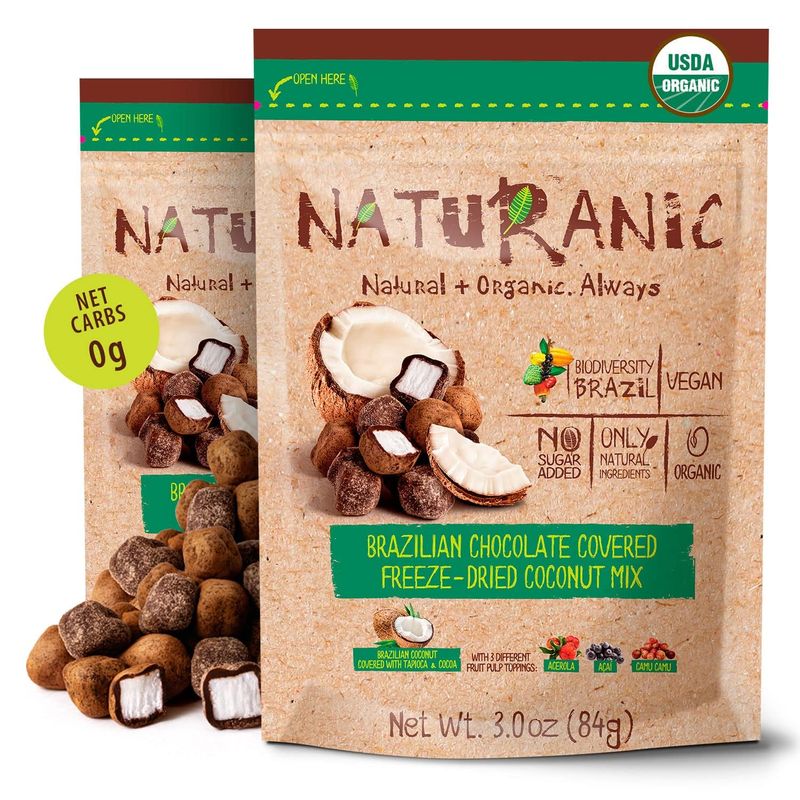 Naturanic Brazilian Dark Chocolate Covered Freeze-Dried Coconut Snack, Zero Carb, Keto Friendly, No Sugar, All Natural, Organic, Vegan - Pack of 2