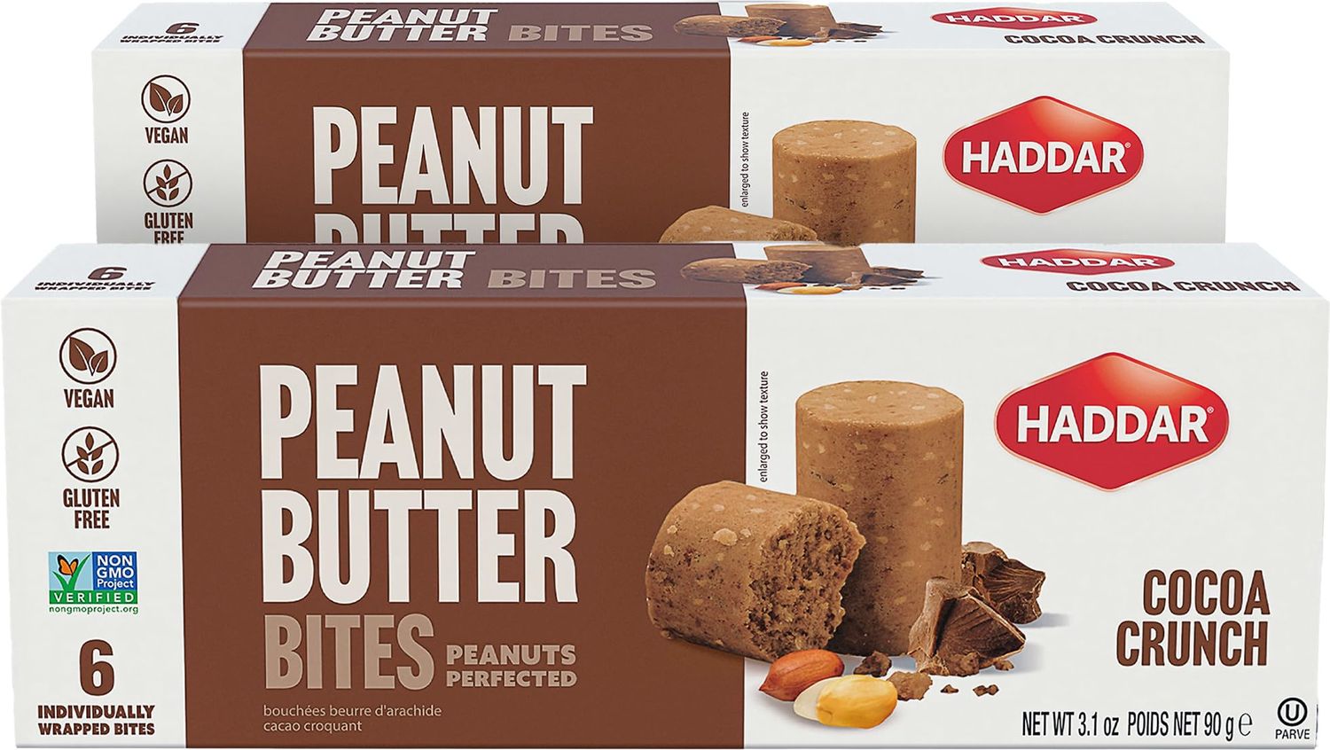 Haddar Cocoa Crunch Peanut Butter Bites, (2 Pack - 12 Bites) | Gluten Free PB Bites | Individually Wrapped | Plant Based Protein Snack | No Artificial Ingredients