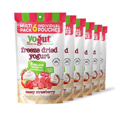 YoGut Freeze Dried Yogurt Snack, Strawberry, 6 Pack, Healthy Snacks for Kids, Toddlers &amp; Adults, Gluten Free, Non GMO, With 5 Billion Live Probiotics, Vitamins &amp; Minerals, Individual Snack Packs