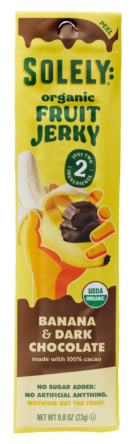 SOLELY - Organic Banana Chocolate Drizzled Fruit Jerky - 1 Individually Wrapped Fruit Strip - Fruit Leather Made from Dried Fruit - Healthy Snacks for Adults &amp; Kids - Vegan, Non GMO - 0.8oz (23g)