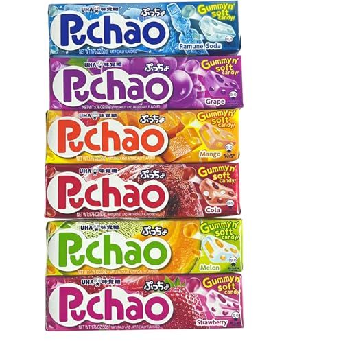 Puchao Gummy n&#39; Soft Japanese Chewy Candy (6 pack) Cola, Ramune, Grape, Strawberry, Melon, Mango Assortment Gift Set