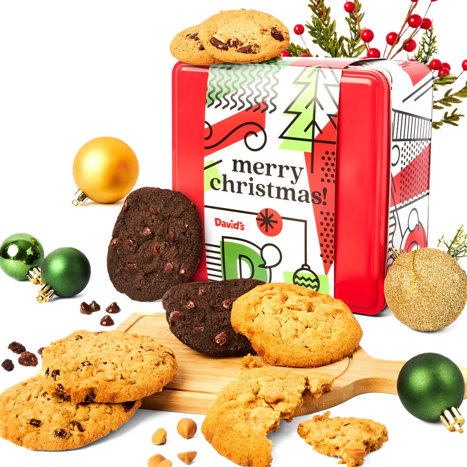 David&#39;s Cookies Gourmet and Freshly Baked Merry Christmas Assorted Cookies in a Lovely Tin Gift Box For Your Love Ones, Deliciously Handmade Soft Variety of Cookies - 2 Lbs