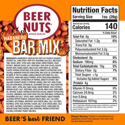 BEER NUTS Habanero Bar Mix - Fiery Hot Habanero Mix Of Peanuts, Corn Sticks &amp; Insane Grain - 12oz Resealable Jar (Pack of 2)