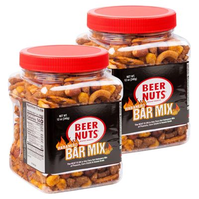 BEER NUTS Habanero Bar Mix - Fiery Hot Habanero Mix Of Peanuts, Corn Sticks &amp; Insane Grain - 12oz Resealable Jar (Pack of 2)