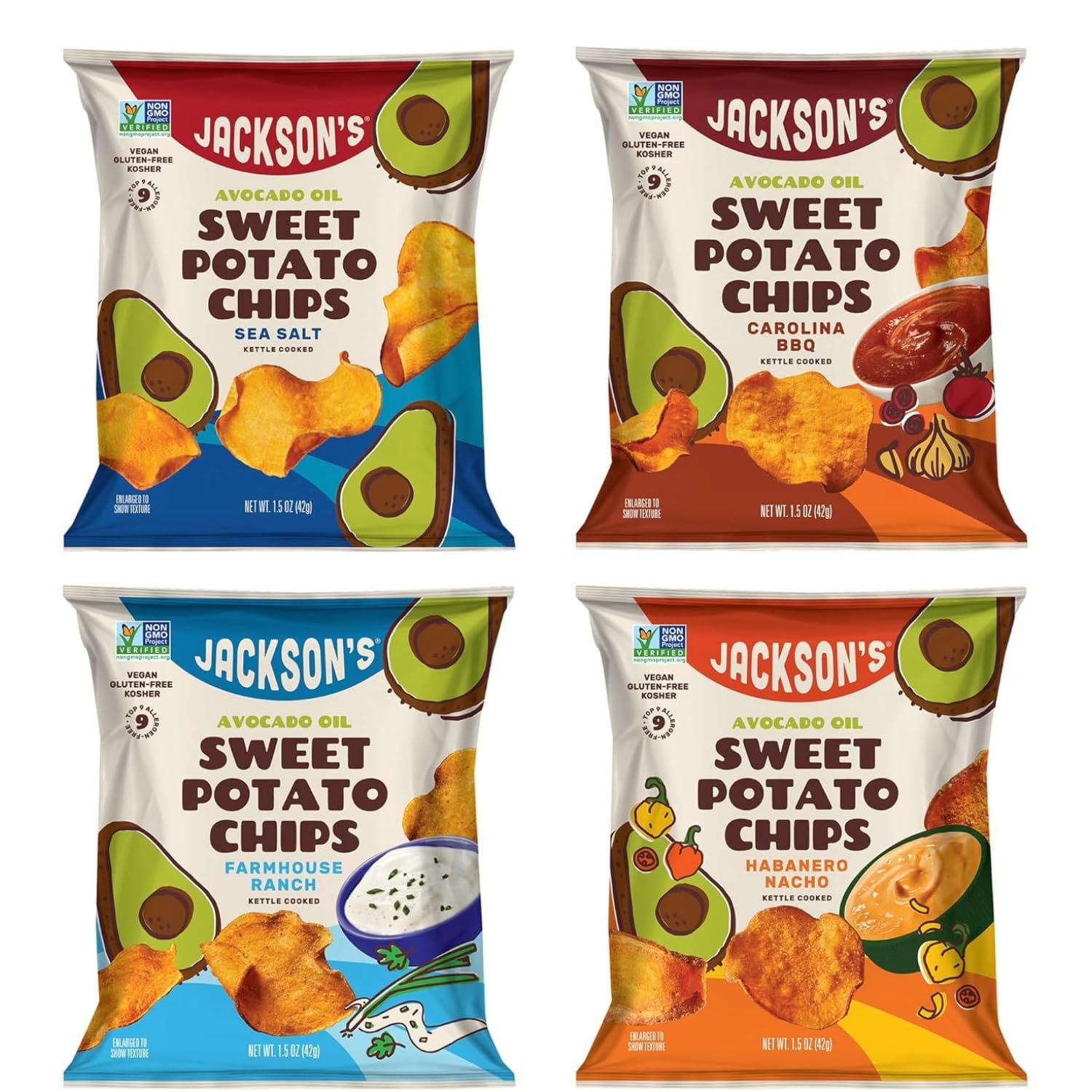 Jacksons Sweet Potato Kettle Chips Avocado Oil Variety Pack made with Premium Oils (1.5 oz, Pack of 10) Sea Salt, Ranch, BBQ, and Habanero Nacho Flavors - Allergen-friendly, Gluten Free, Vegan