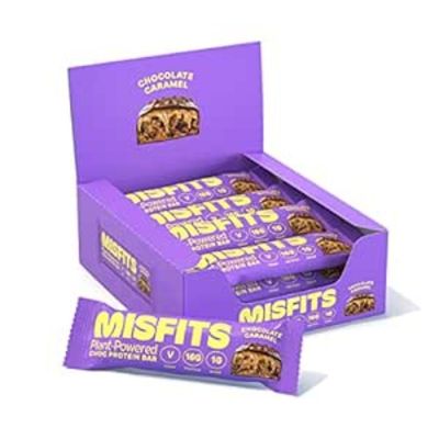Misfits Vegan Protein Bars, Caramel Fudge - Updated Recipe | Plant Based, Low Sugar &amp; Carb, High Fiber Snacks | Pack of 15