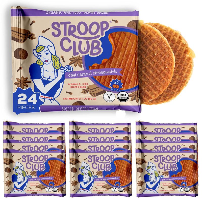 Stroop Club Chai Infused Organic Stroopwafel Caramel Treats | Vegan, Plant-Based and Dutch-Approved Indulgence - 24 Vegan Waffle Cookies (12 Pack of 2)