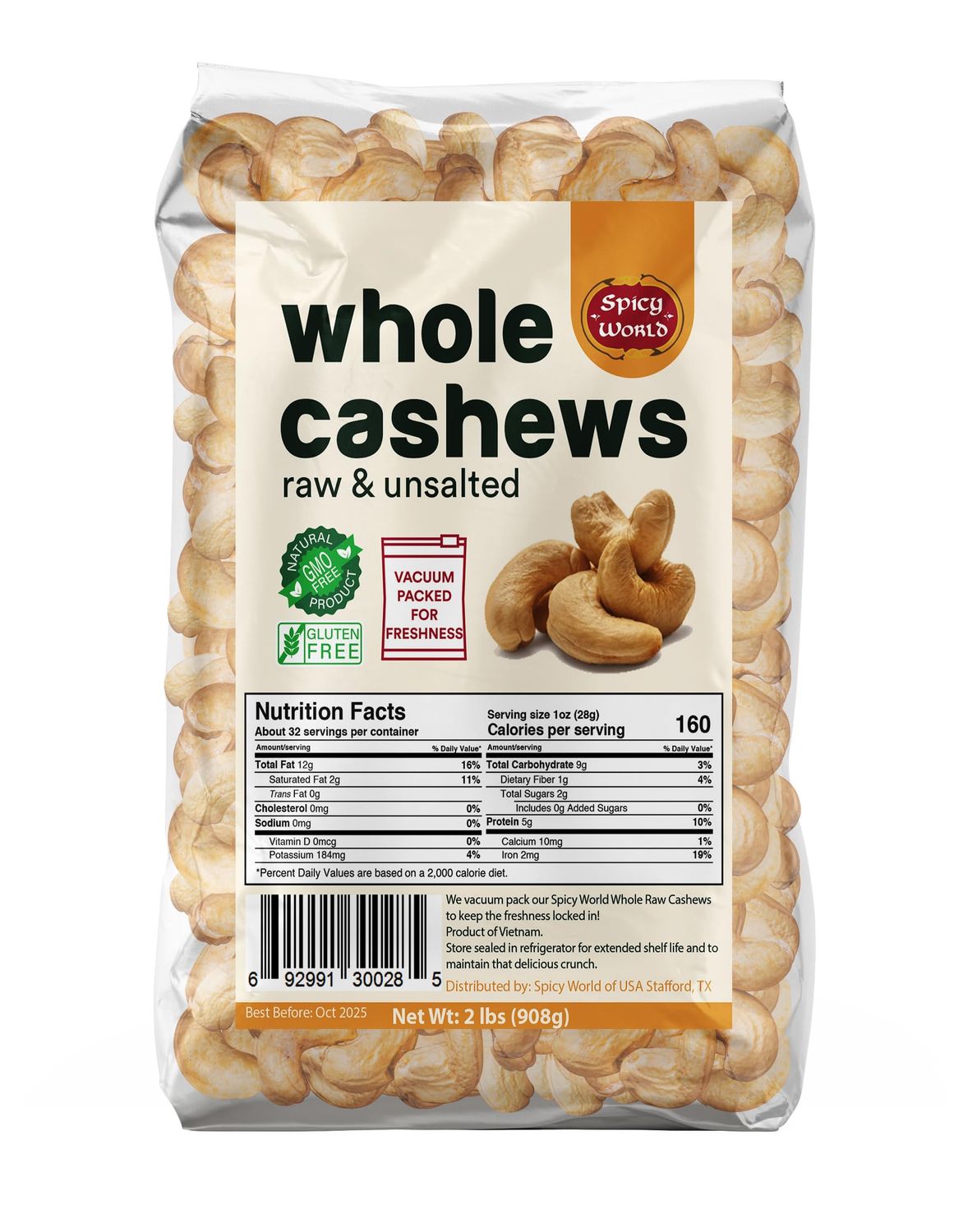 Spicy World Raw Cashews Whole 2 Pound Bulk - Unsalted, Natural &amp; Pure, No Chemicals
