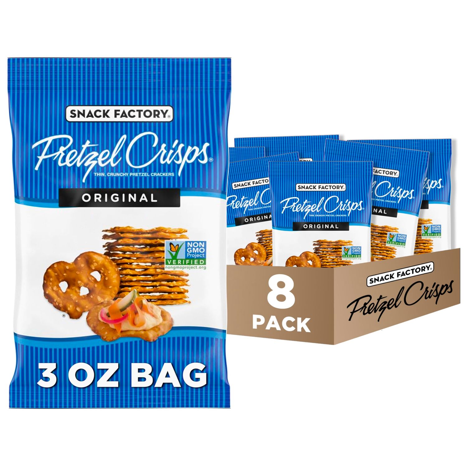 Snack Factory Pretzel Crisps, Original, On-the-Go Bag, 3 Oz (Pack of 8)