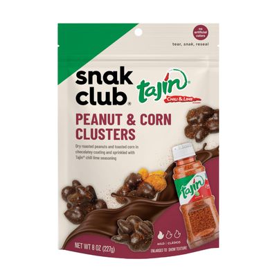 Snak Club Tajin Chocolatey Peanut and Corn Clusters, Chocolate Covered Dry Roasted Nuts and Toasted Corn Nuggets with Chili and Lime Seasoning, Mild, 8 oz Resealable Bag