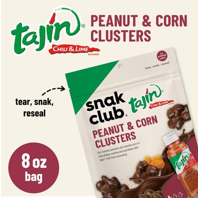 Snak Club Tajin Chocolatey Peanut and Corn Clusters, Chocolate Covered Dry Roasted Nuts and Toasted Corn Nuggets with Chili and Lime Seasoning, Mild, 8 oz Resealable Bag