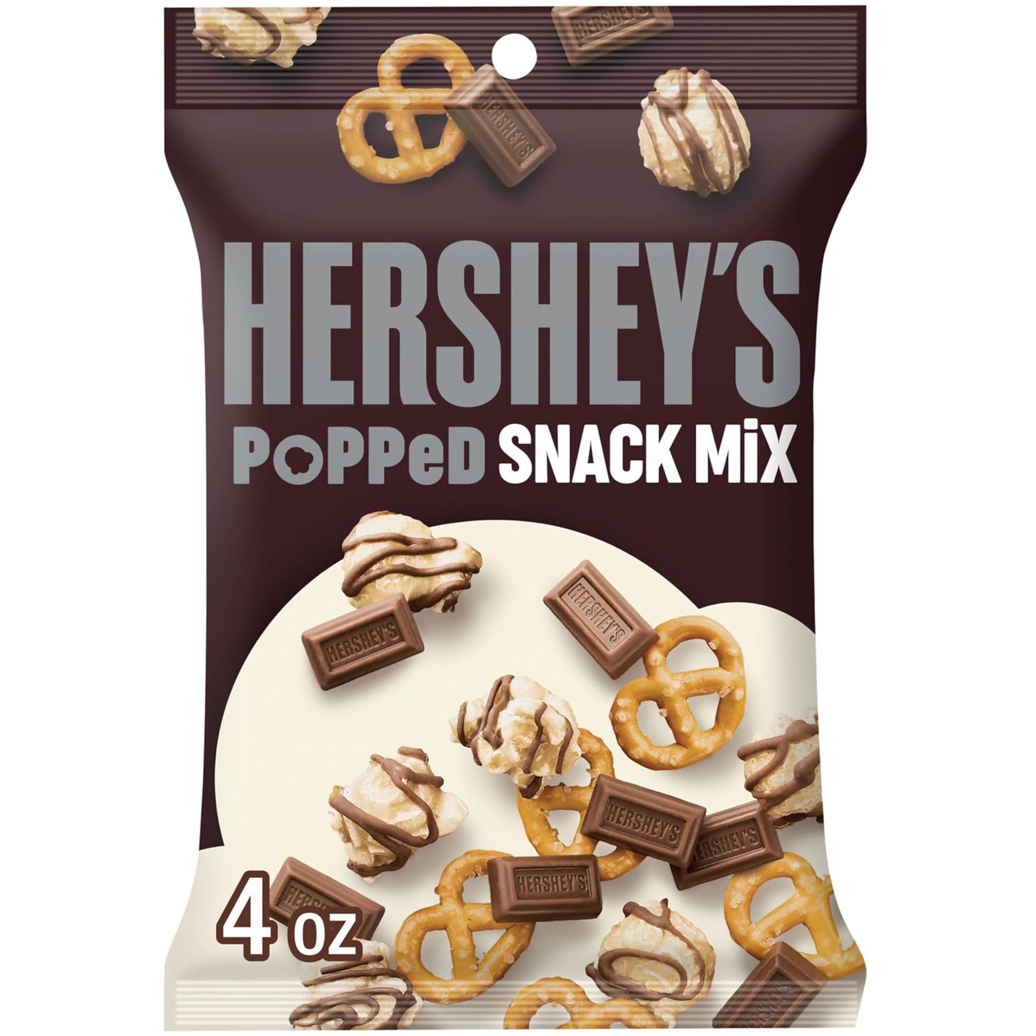 HERSHEY&#39;S Milk Chocolate, Popcorn and Pretzel Popped Snack Mix Bag, 4 oz