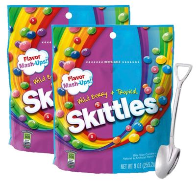 Tropical Fruit Chews Candy Bundle 2-Pack Includes Skittles Mash-Ups Wild Berry Tropical Chewy Candy With A Shovel Spoon