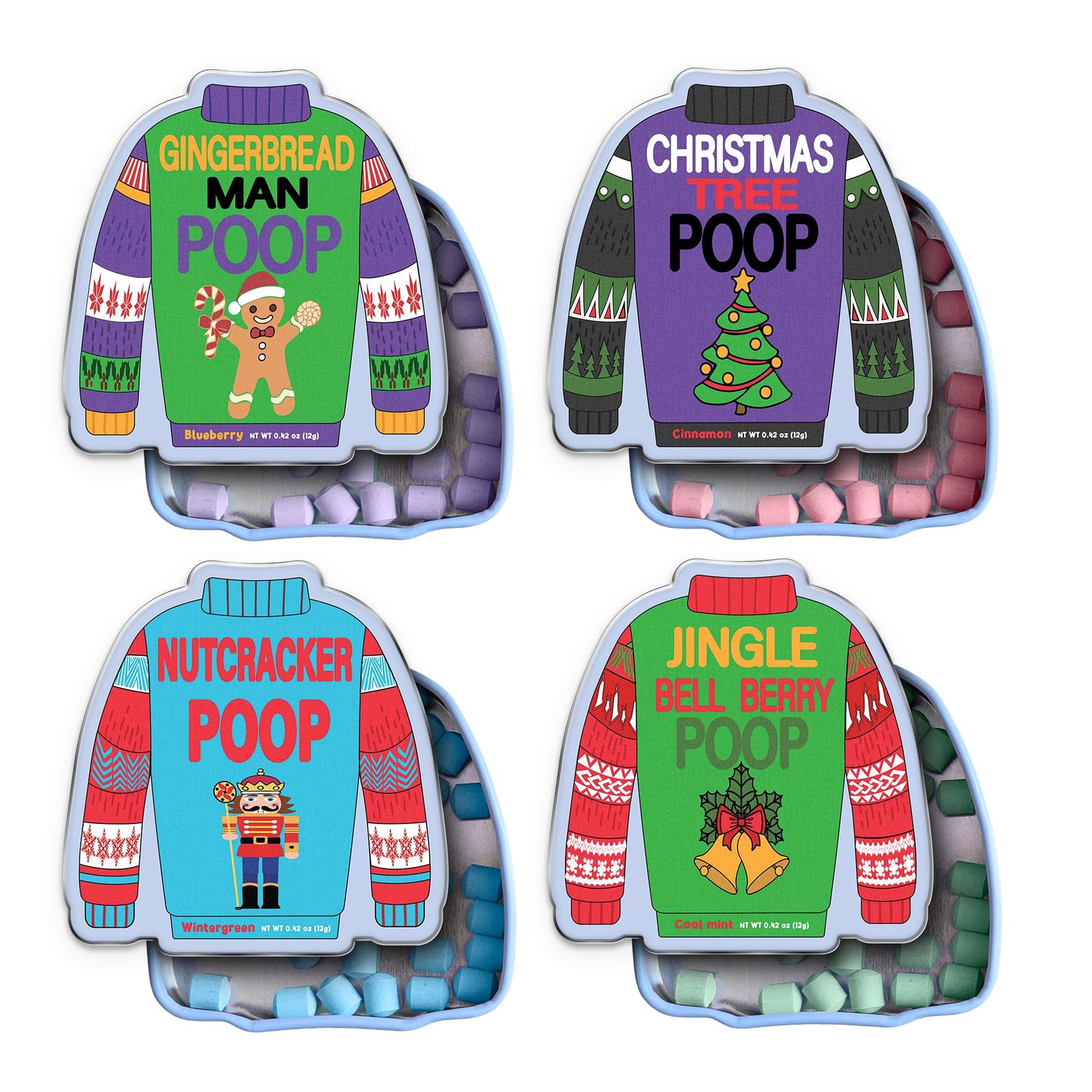 Christmas Poop Mint Candy 4-Pack in Ugly Sweater Tins - Funny Christmas Candy, Stocking Stuffers for Adults, and Teens - Fun Breath Mints, Unique Christmas Gifts
