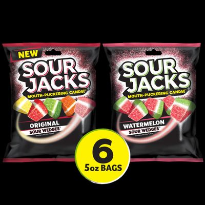Sour Jacks Candy Gummy Snacks Variety Pack, Original &amp; Watermelon, Gluten Free, Individual Single Serve Bags, 5oz (Pack of 6)