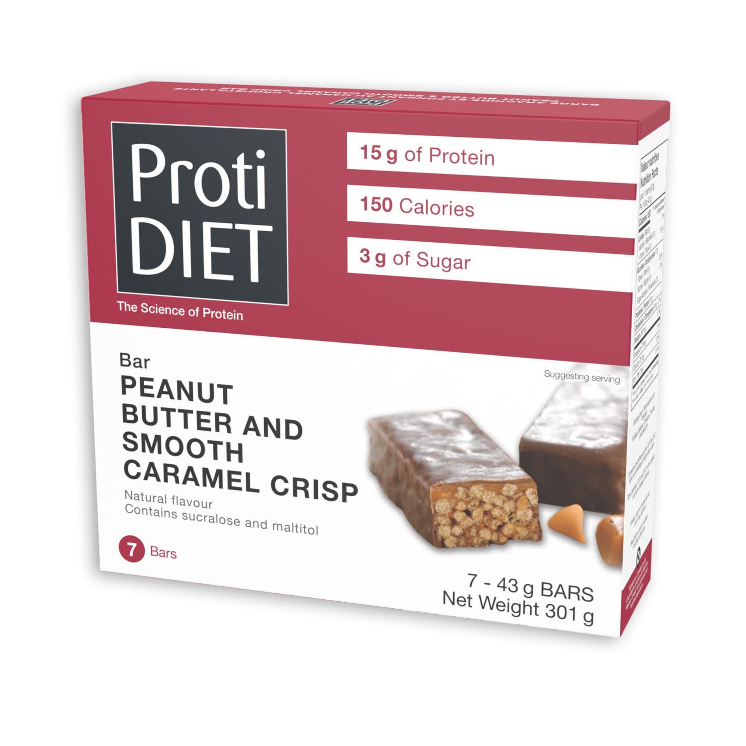 Protidiet Peanut Butter and Smooth Caramel Crisp High Protein Bars (Box of 7) Net Wt 10.6oz