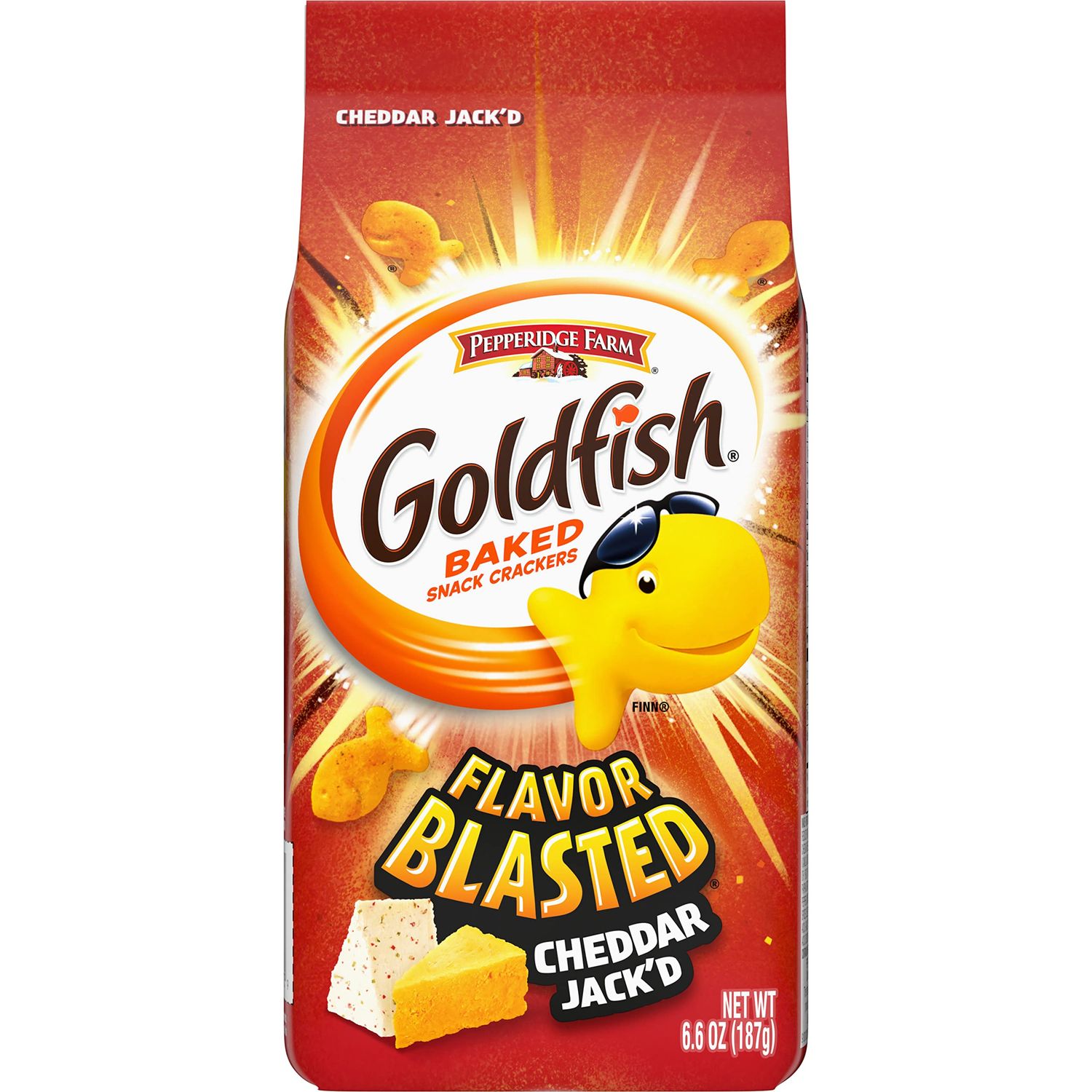 Goldfish Flavor Blasted Cheddar Jack&#39;d Crackers, Snack Crackers, 6.6 oz bag (Pack of 24)