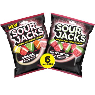 Sour Jacks Candy Gummy Snacks Variety Pack, Original &amp; Watermelon, Gluten Free, Individual Single Serve Bags, 5oz (Pack of 6)