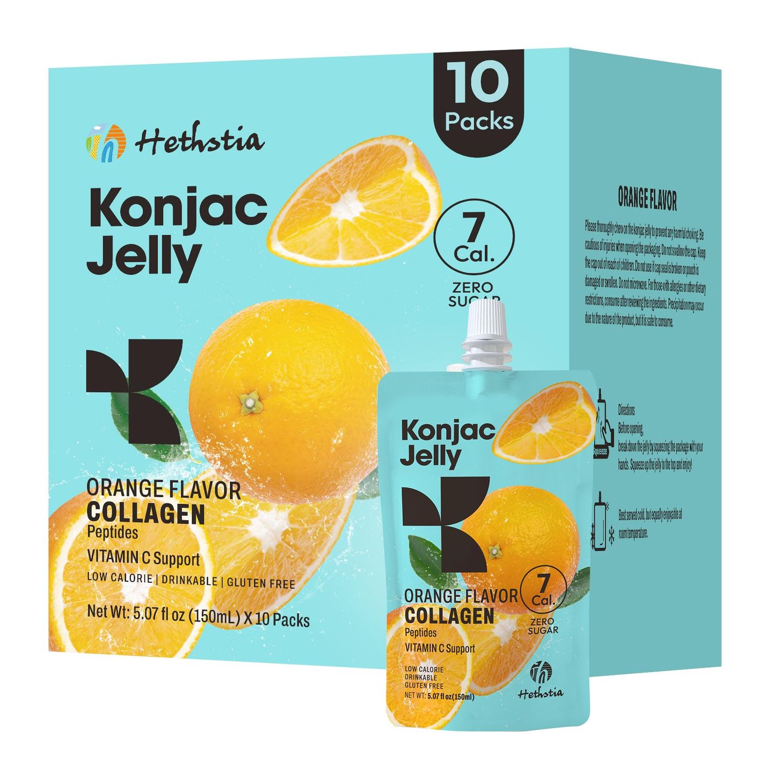 Hethstia Orange Konjac Jelly with Collagen Peptides, 10 Packs Fruit Jelly Squeeze Pouch, Low-Calorie Drinkable Jelly with Vitamin C, Sugar-Free, Keto, Gluten-Free, On-The-Go Healthy Snacks