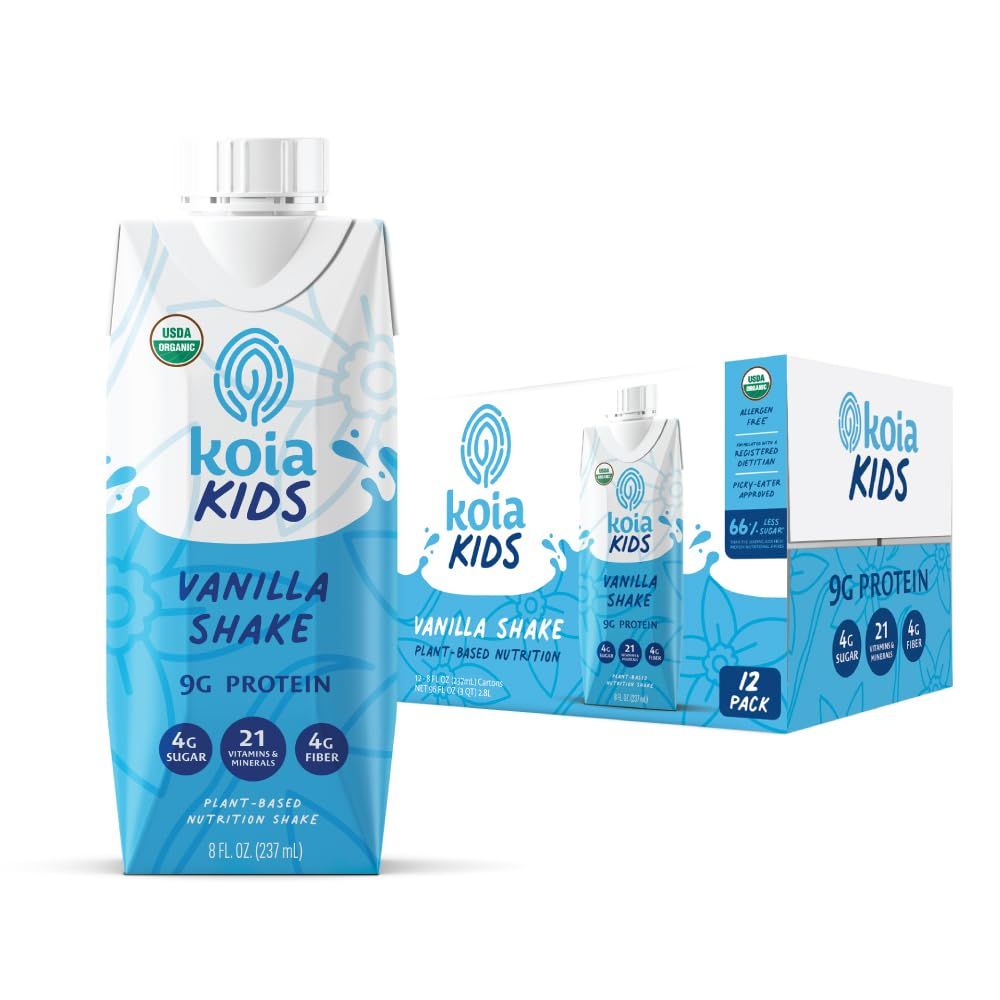 Koia - Kids Plant Based Protein Shake - Vanilla Shake - 9g Protein, 4g Sugar, 4g Fiber, 21 Vitamins &amp; Minerals - Organic, Non GMO, No Seed Oils - Allergen &amp; Gluten Free - 8 fl oz, 12 Cartons