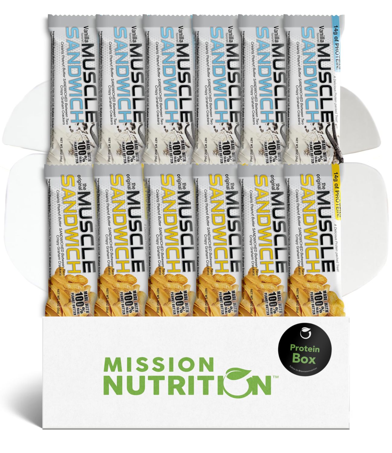 Muscle Sandwich Protein Bars - High Potein Snack Bar wWhey Protein Isolate - Graham Cracker Sandwiched wPeanut Butter - Original &amp; Vanilla Combo - Variety Gift Box (12 Bars)